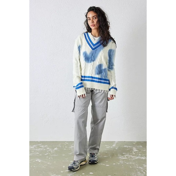 House of Sunny Sweaters - House of‎ Sunny Varsity Cable Knit Sweater Blue Cream Distressed V-Neck XS